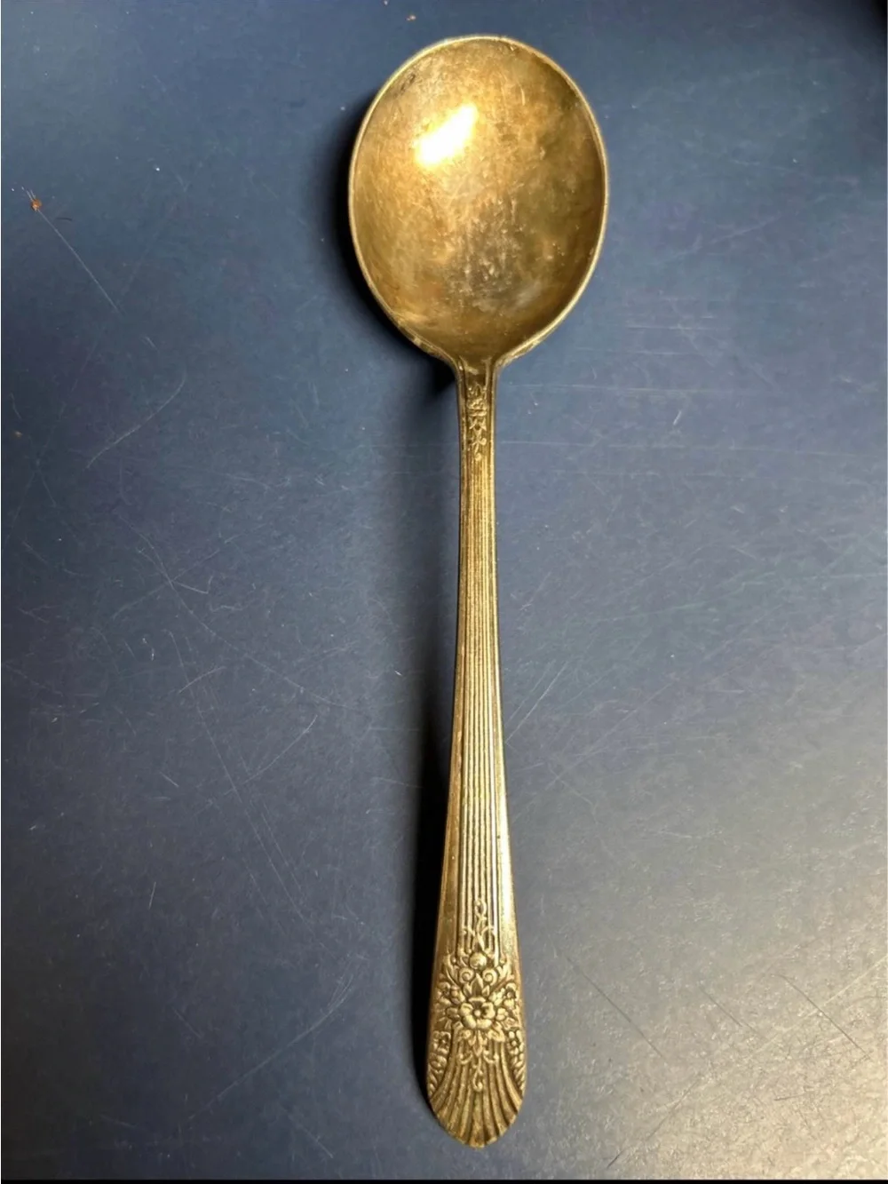 Silver Played Decorative Soup Spoon - Classic Floral Handle- Vintage Tarnished